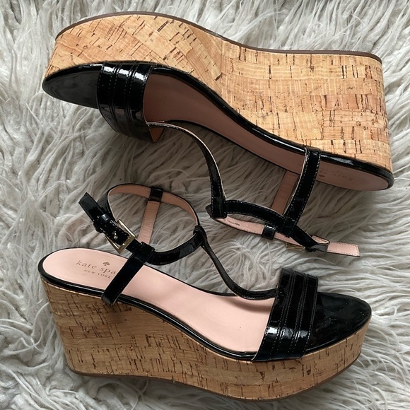 Kate Spade Tallin Black Patent Leather T-Strap Cork Platform Wedge Sandal EUC 10 - Picture 2 of 11